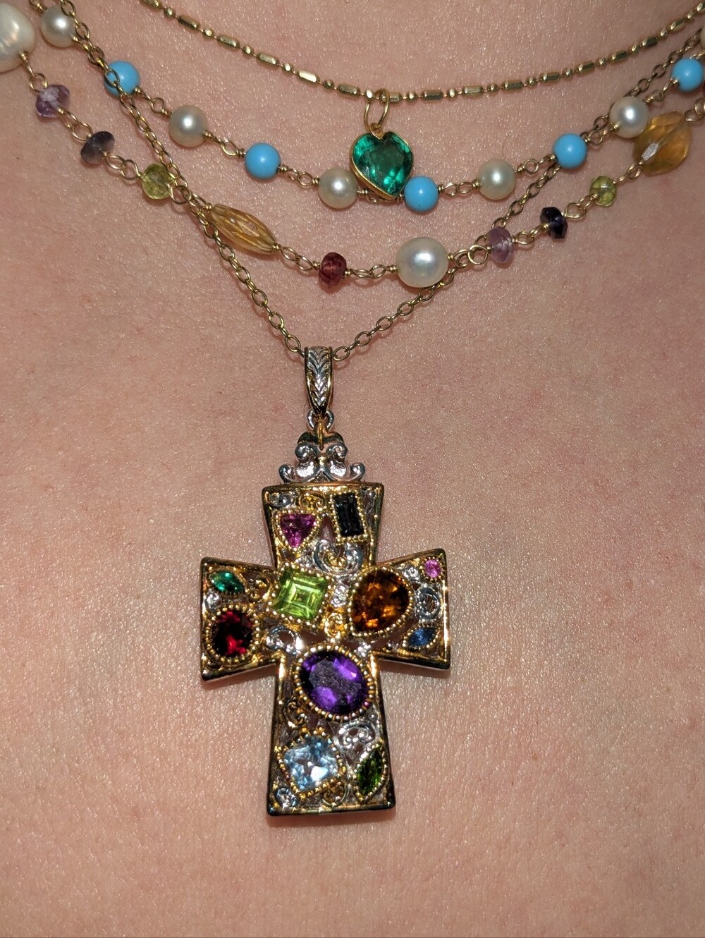 Multi-Gemstone Large Cross Pendant With Chain Sterling Silver Palladium Gold